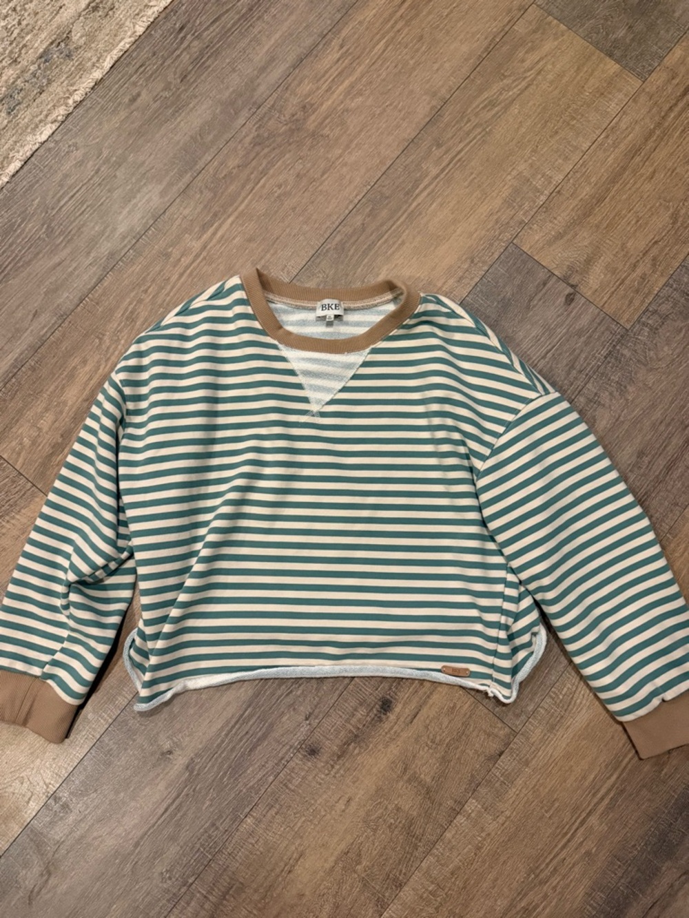 BKE Teal & Tan Striped Cropped Sweatshirt